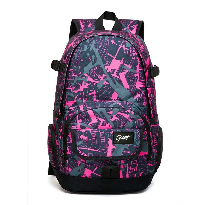 Blue and red large-capacity nylon backpack for school, travel, and outdoor activities.