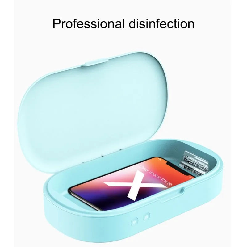 White double UV phone sterilizer box with two UV lamps inside, USB cable included