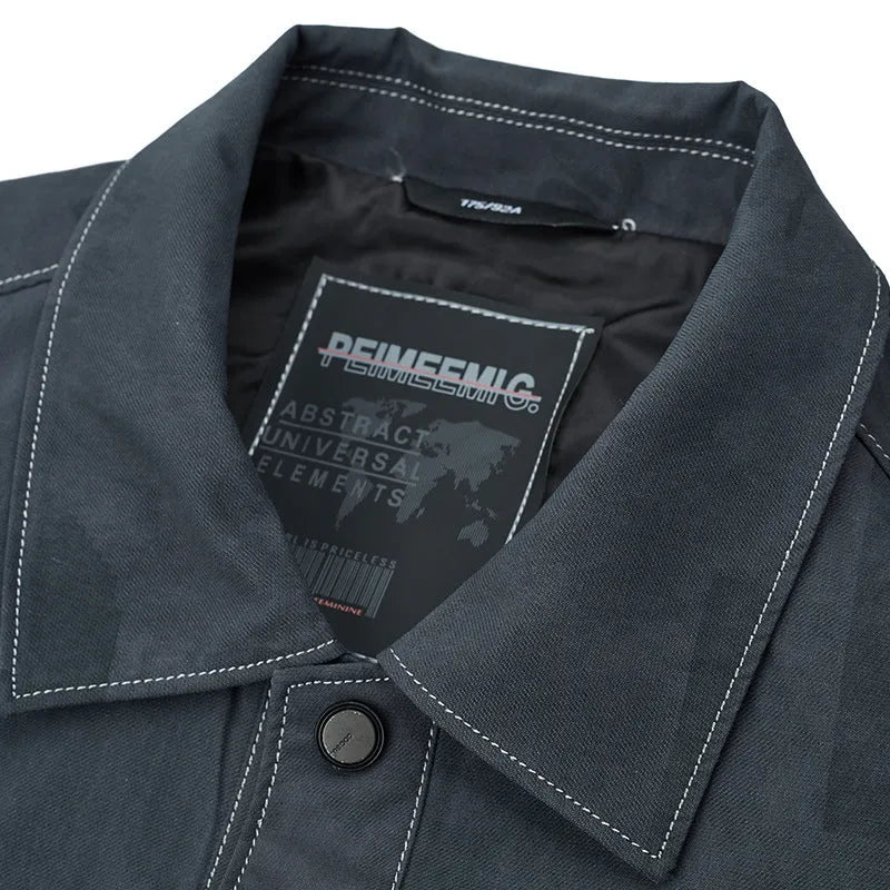 Men's grey denim jacket coat with lapel collar and multiple pockets, slim fit, front view