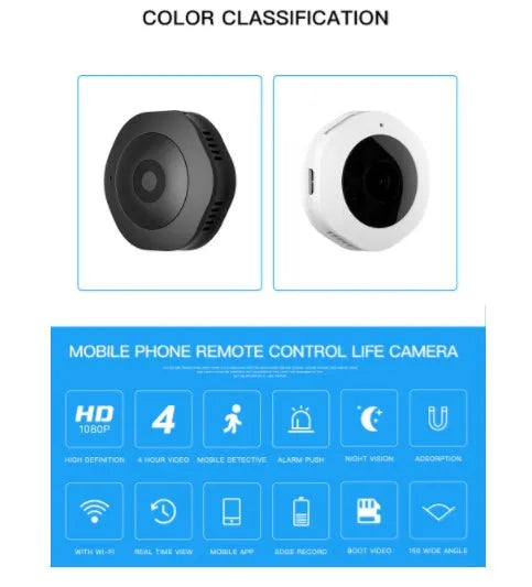 Mini round 1080P body camera with motion detection and Micro SD support, shown on a surface with magnetic pad