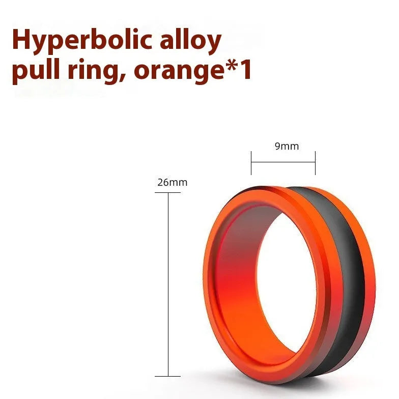 Alloy fishing hand guard pull loop tool in orange and silver colours on a plain background.