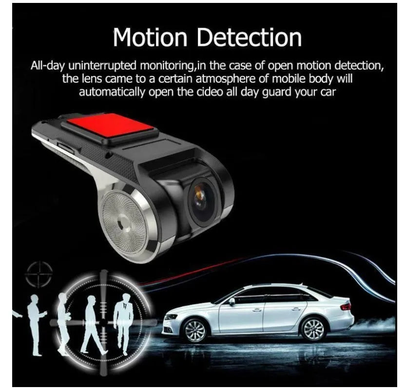 Black USB hidden car DVR recorder with built-in WiFi, GPS, and wide-angle lens on a dashboard