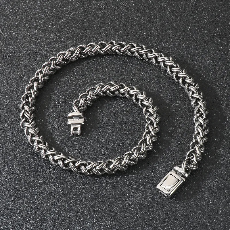 Men's titanium steel chain necklace with large hemp flower links in antique silver finish