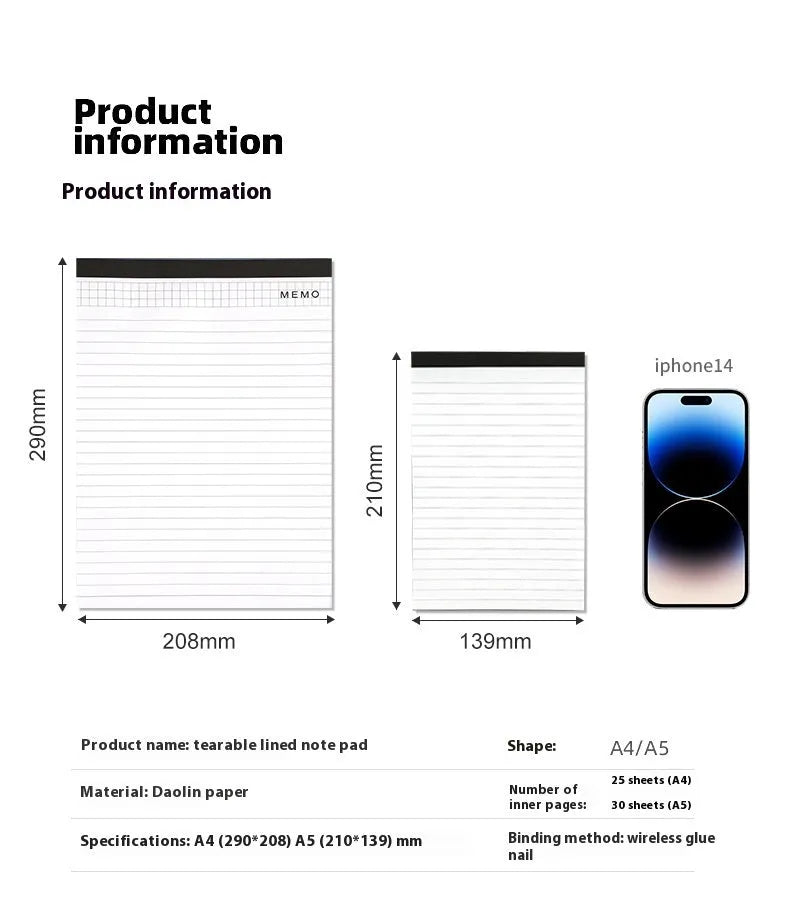 A4 tearable notebook with grid-lined ivory paper and a paper cover, showing wireless adhesive binding