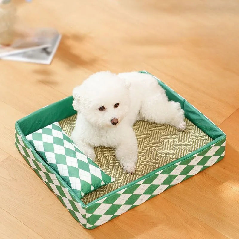 Blue rattan cat litter mat and sleeping bed next to a litter tray, showing woven texture and size scale.