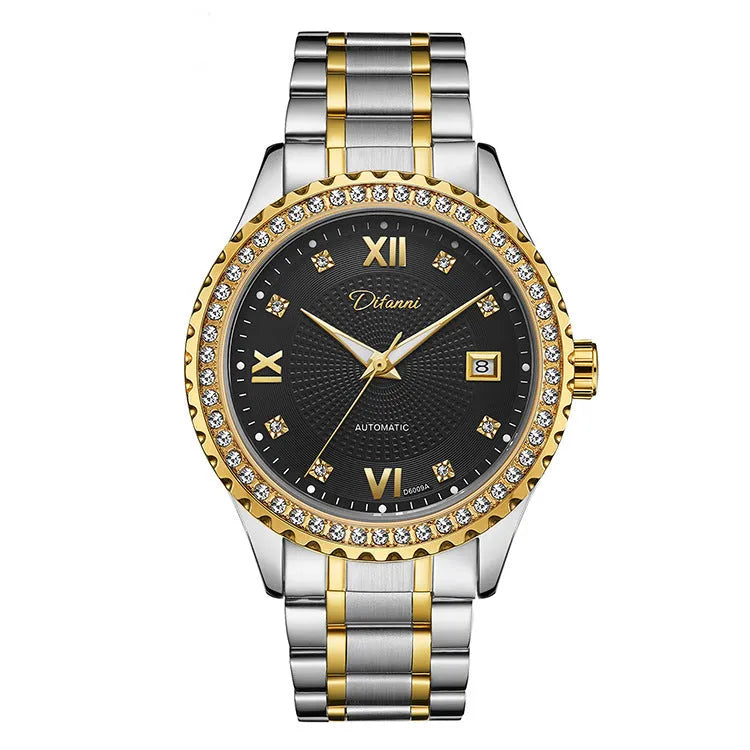 Fashionmonger men's gold and black automatic waterproof watch with luminous hands on a wrist.