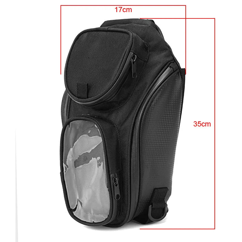 Black motorcycle fuel tank bag measuring 350x170mm attached to a bike