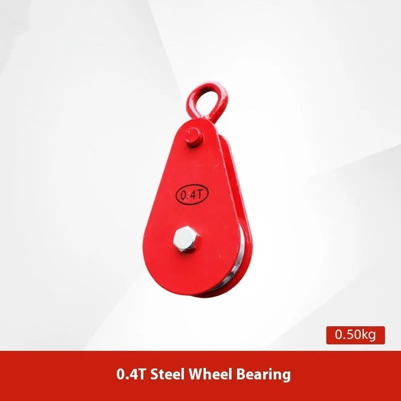 Red industrial lifting pulley with a forged steel safety hook and single wire rope wheel.