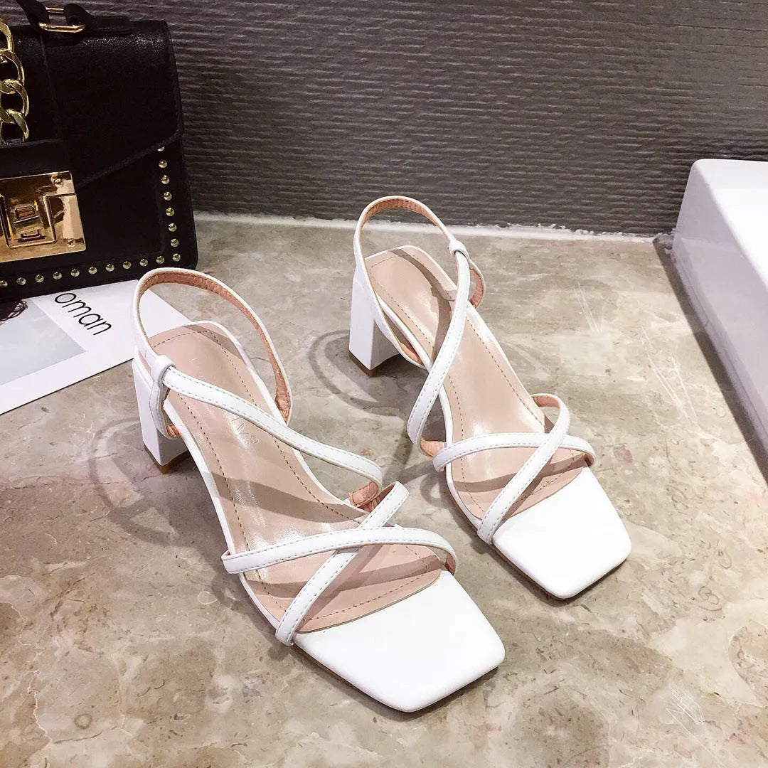Women's white thick heel super high sandals over 8cm with back empty design and rubber sole.