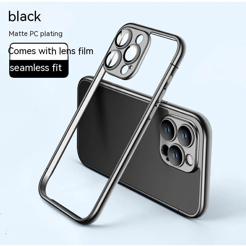 Matte electroplating frame phone case for iPhone 15 Pro Max in titanium gray with glass lens protector