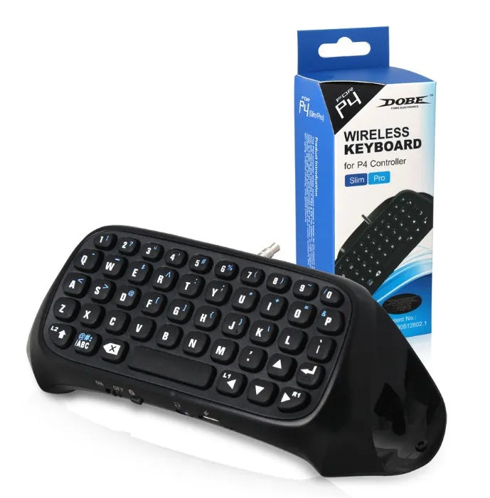 Black Bluetooth gamepad keyboard for PS4 voice chat input, 17.2 cm wide, on black background