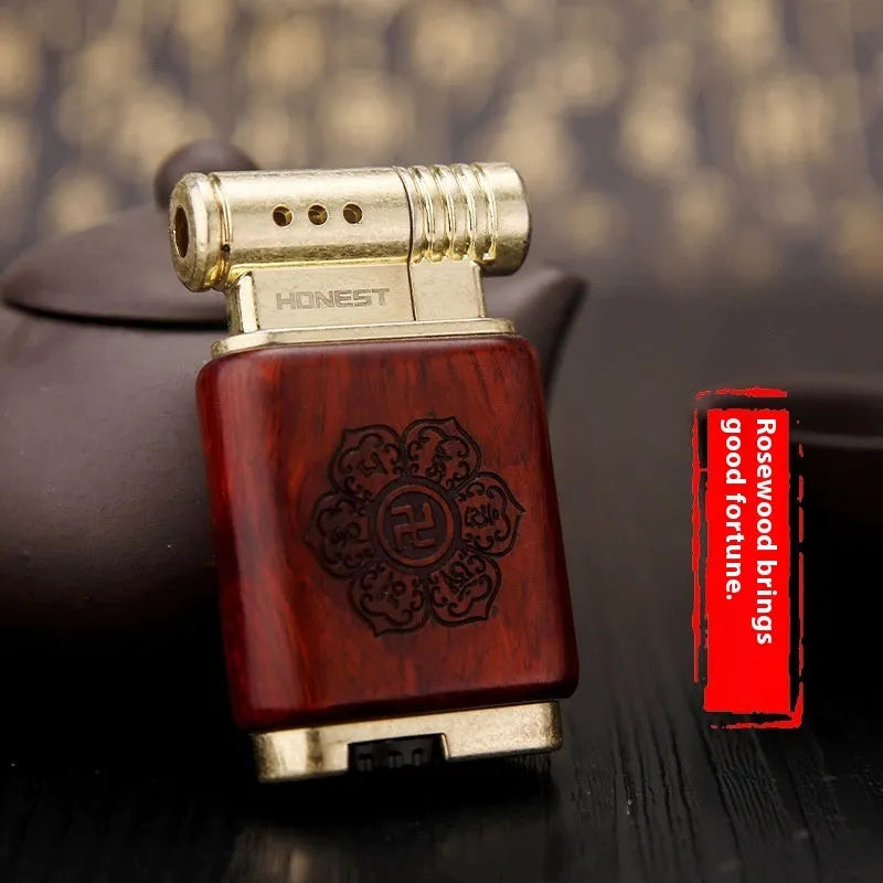 Decorative ebony gas lighter with carved wooden finish in multiple design options