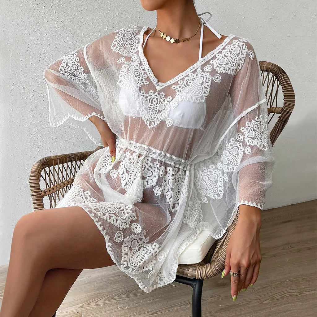 White water soluble polyester beach blouse with acrylic lining for adult female swimming protection