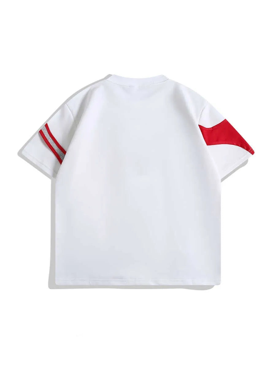 Men's loose fit black t-shirt showing double-stitch padded shoulder detail and round neck collar