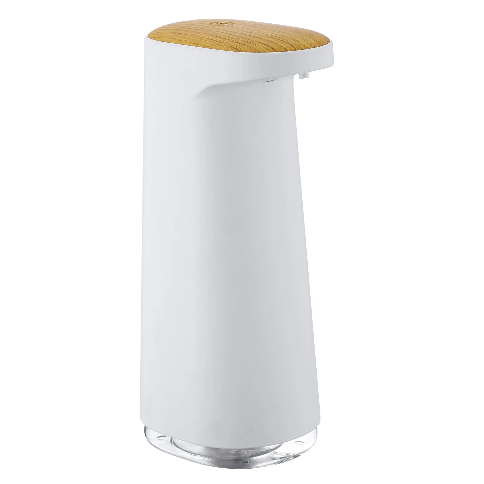 Automatic foam soap dispenser in white with infrared sensor, USB charging port, and compact desktop design