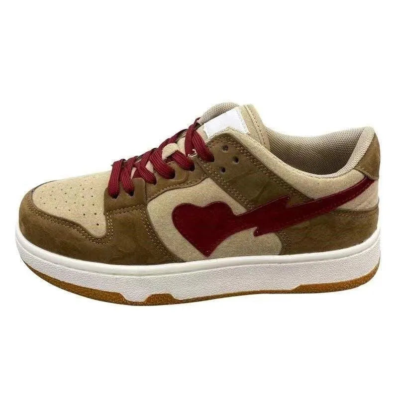 Brown women's casual sneakers with big head bread design, mid heel, round toe, and front lace-up fastening