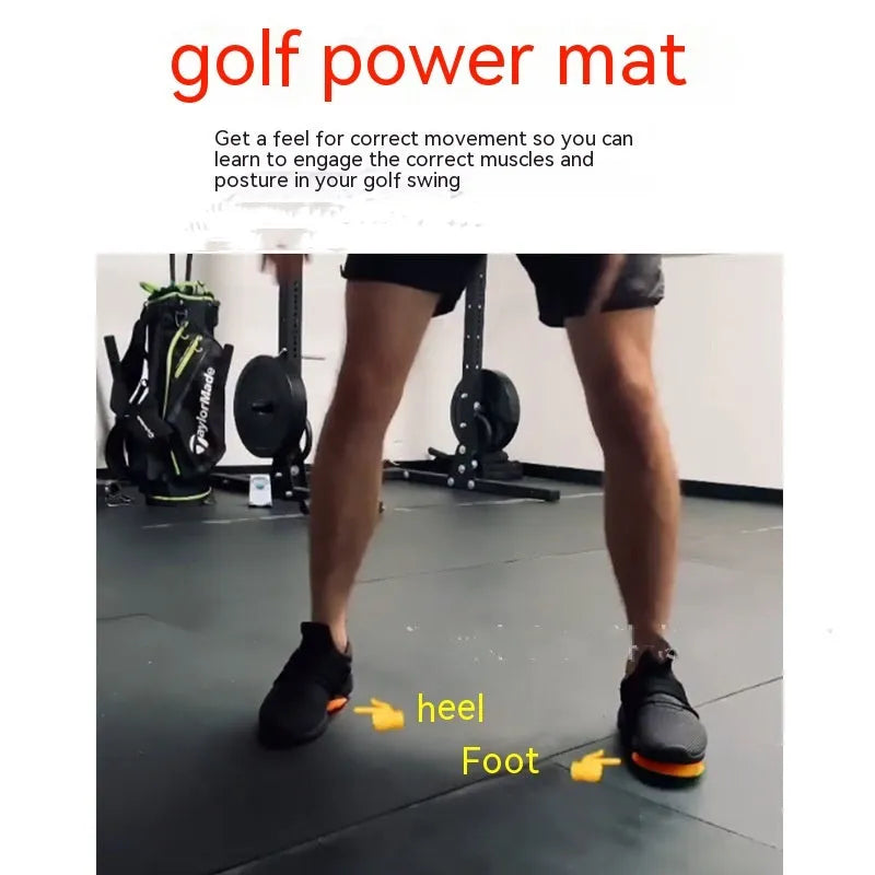 Orange natural rubber golf training mat with centre of gravity zone for swing practice