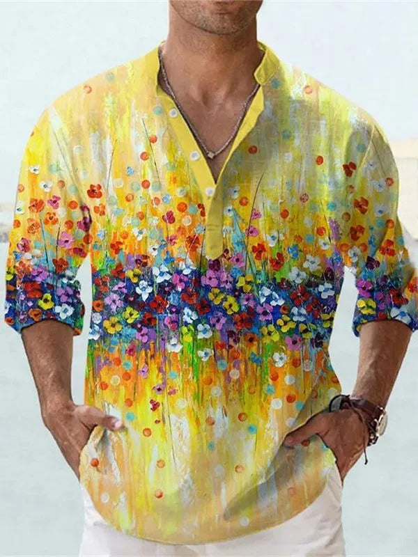 British style short sleeve shirt with stripe pattern from 3D digital thermal transfer printing on bamboo hemp fabric.