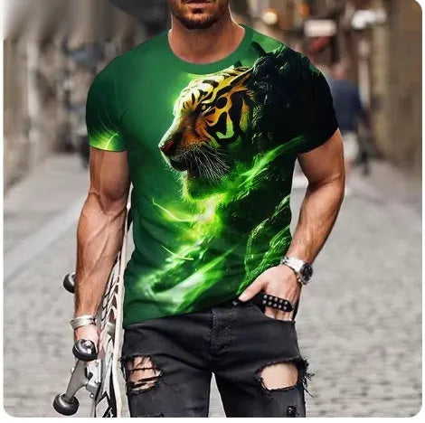 Men's grey T-shirt with a raised 3D print of a fierce lion's face on the front.