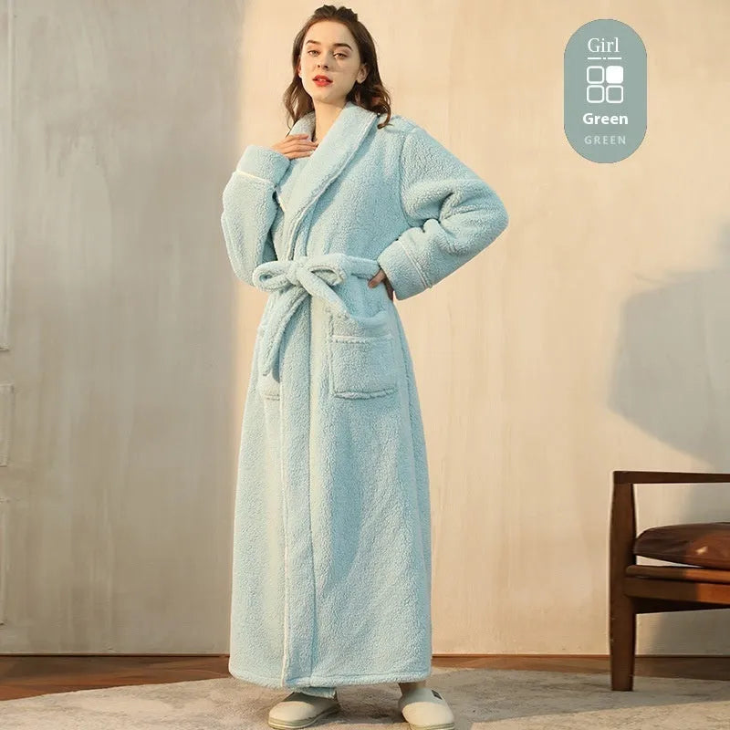Men's and women's thick flannel bathrobe couple set in winter colours with extended plus sizing