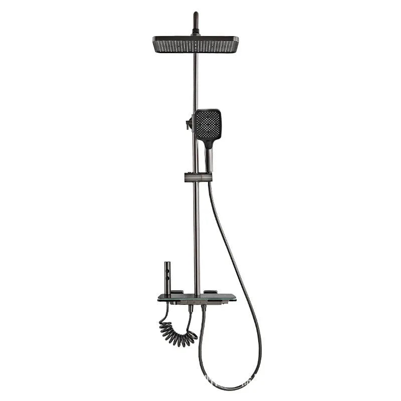 Aluminium digital display shower head set in white or grey finish for concealed bathroom installation.
