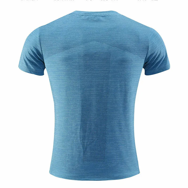 Short-sleeved red polyester spandex sports T-shirt for running and basketball.