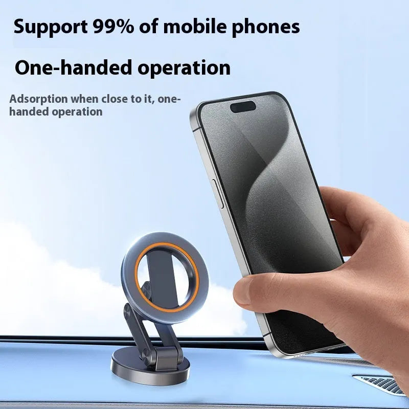 Universal folding car phone holder with black magnetic bracket on car dashboard