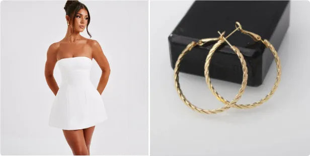 A woman wearing a solid colour backless A-line tube dress with a high waist and short skirt.