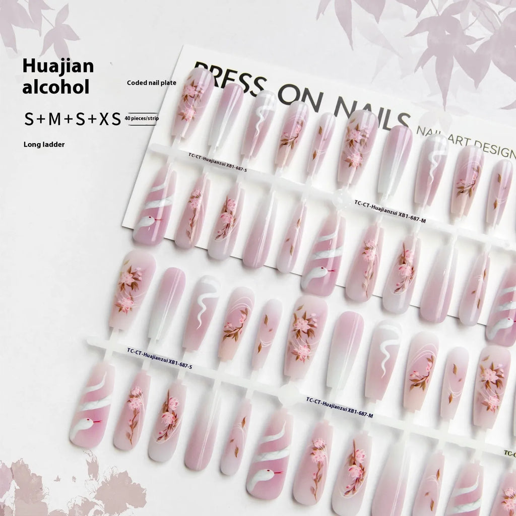 Ancient Chinese style snake year red prefabricated nail tips in drunk among flowers colour, 40 pieces, ultra-thin seamless design