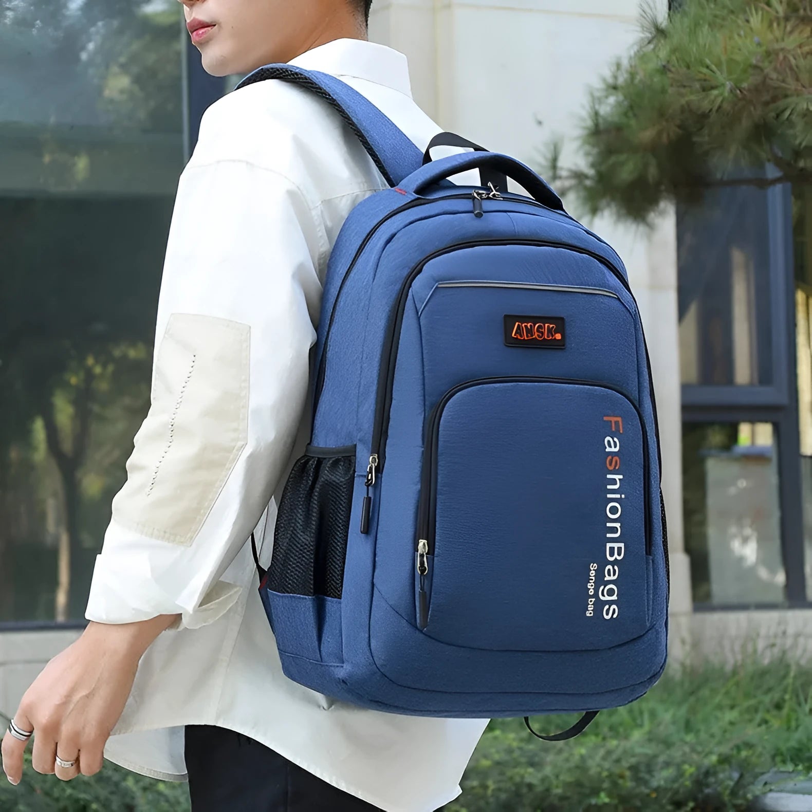Street style nylon backpack in black, shown with multiple internal organiser pockets including a laptop sleeve.