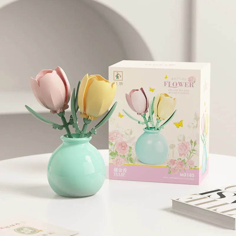 Assembled plastic building block flower in vase on tabletop