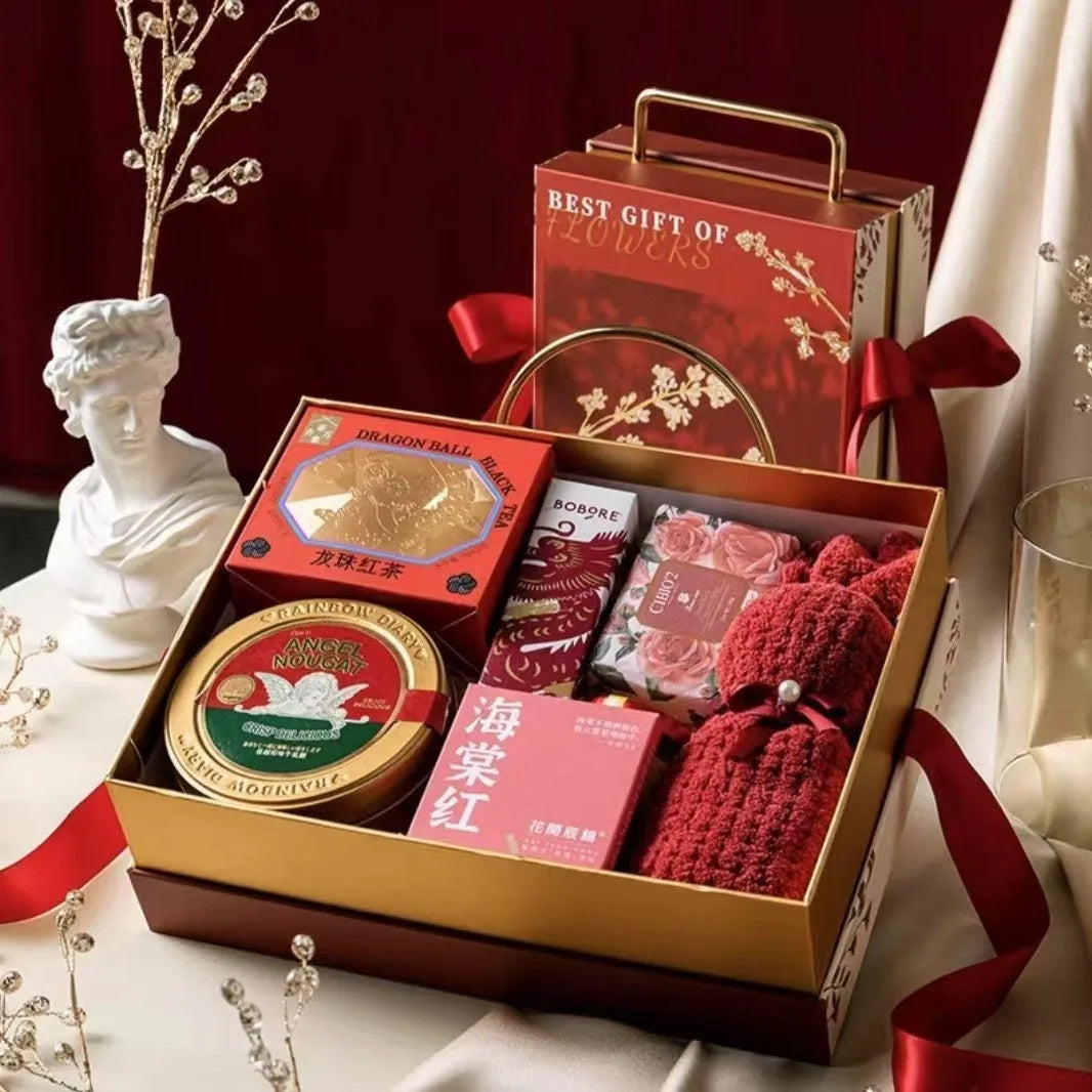 Paper and cardboard hand gift box in Champagne Gold with outer box packaging for pajamas marriage engagement