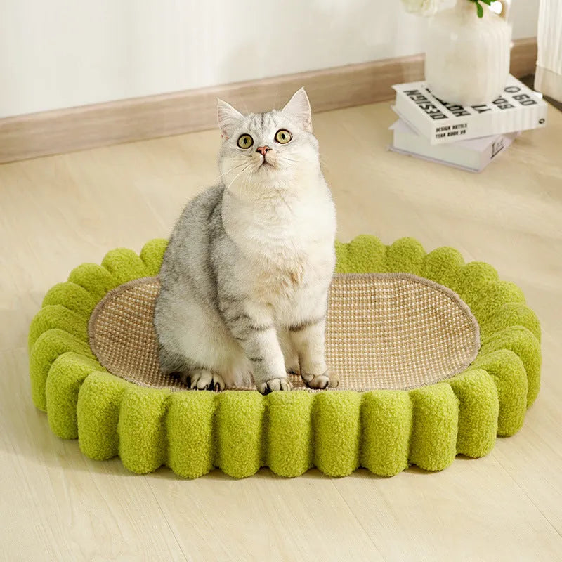 Green oval sisal cat scratching pad that also serves as a cat bed.