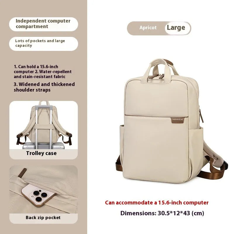 Women's canvas travel backpack showing organisational compartments and breathable design in apricot colour
