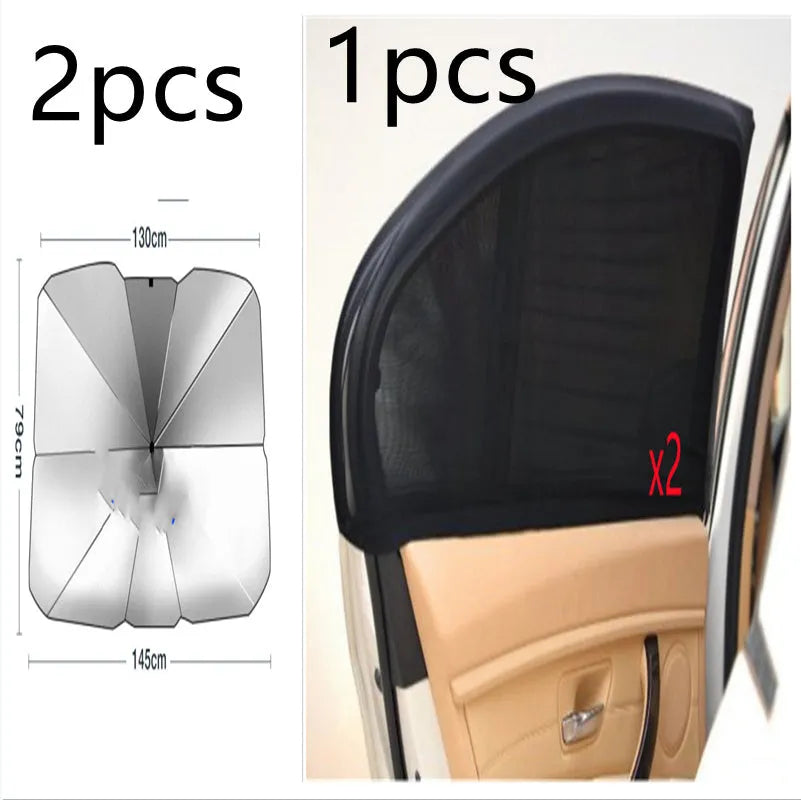 Sun-proof car visor umbrella in impact cloth with silver glue, steel frame, manual open, front windscreen shade