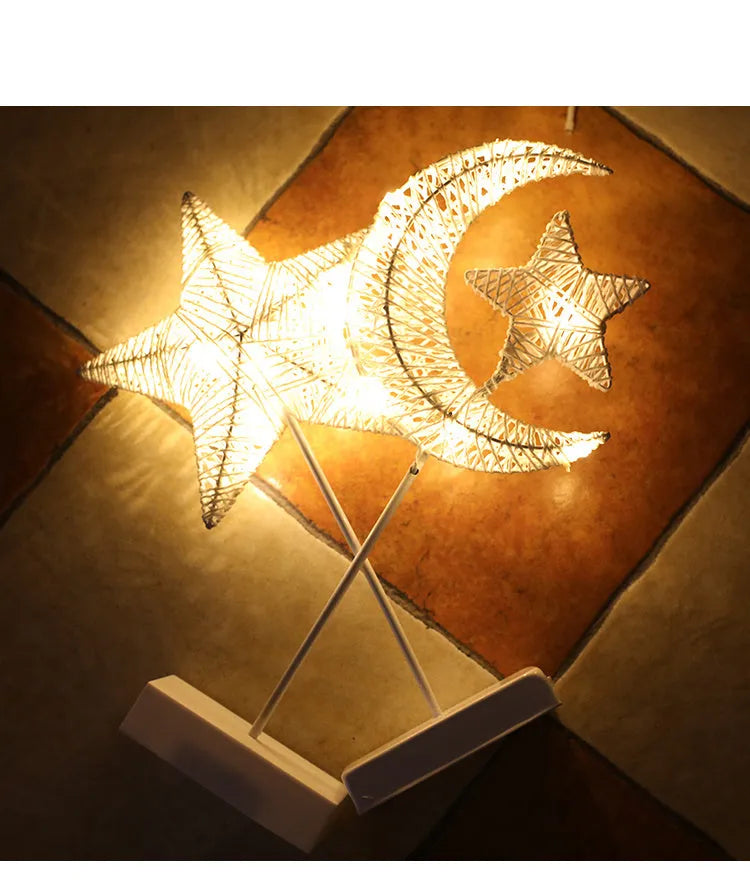 Rattan LED fairy lights with star, heart and moon designs for battery-powered room decoration