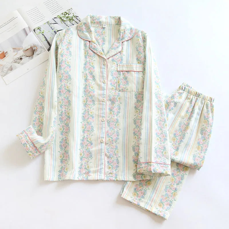 Ladies' cotton gauze homewear set with long sleeves and trousers in striped or fruit print patterns