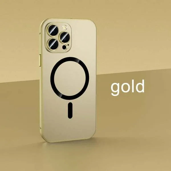 Aluminium alloy frame iPhone case showing magnetic snap closure and camera lens protection