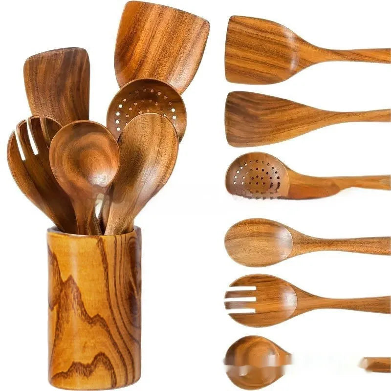 Seven-piece wooden kitchen utensil set containing a large spoon, spatula, and soup ladle.