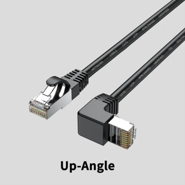 Cat6 Ethernet cable with right-angle RJ45 connector in various colours and lengths
