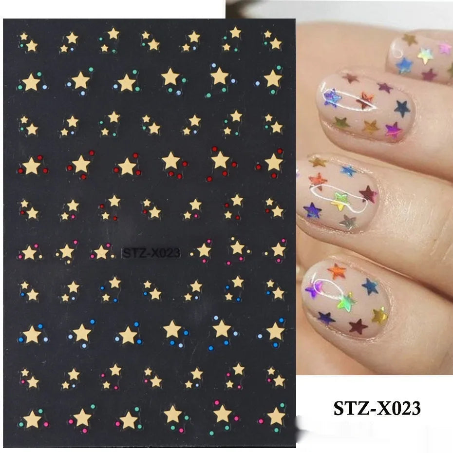 Pack of black and silver striped nail art stickers with cartoon and love pattern designs.
