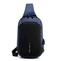 Small dark blue Oxford cloth chest bag with zipper closure showing internal phone compartment