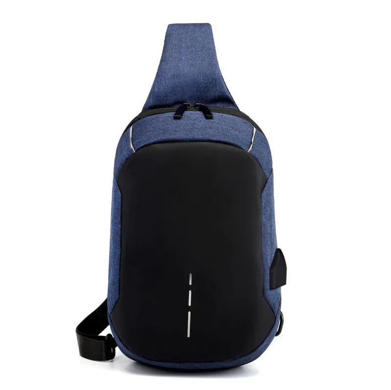 Small dark blue Oxford cloth chest bag with zipper closure showing internal phone compartment