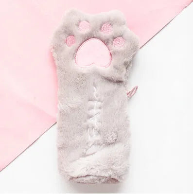 Cute plush cat's paw bag in beige with cat paw design, compact 23cm by 12.5cm Korean style handbag