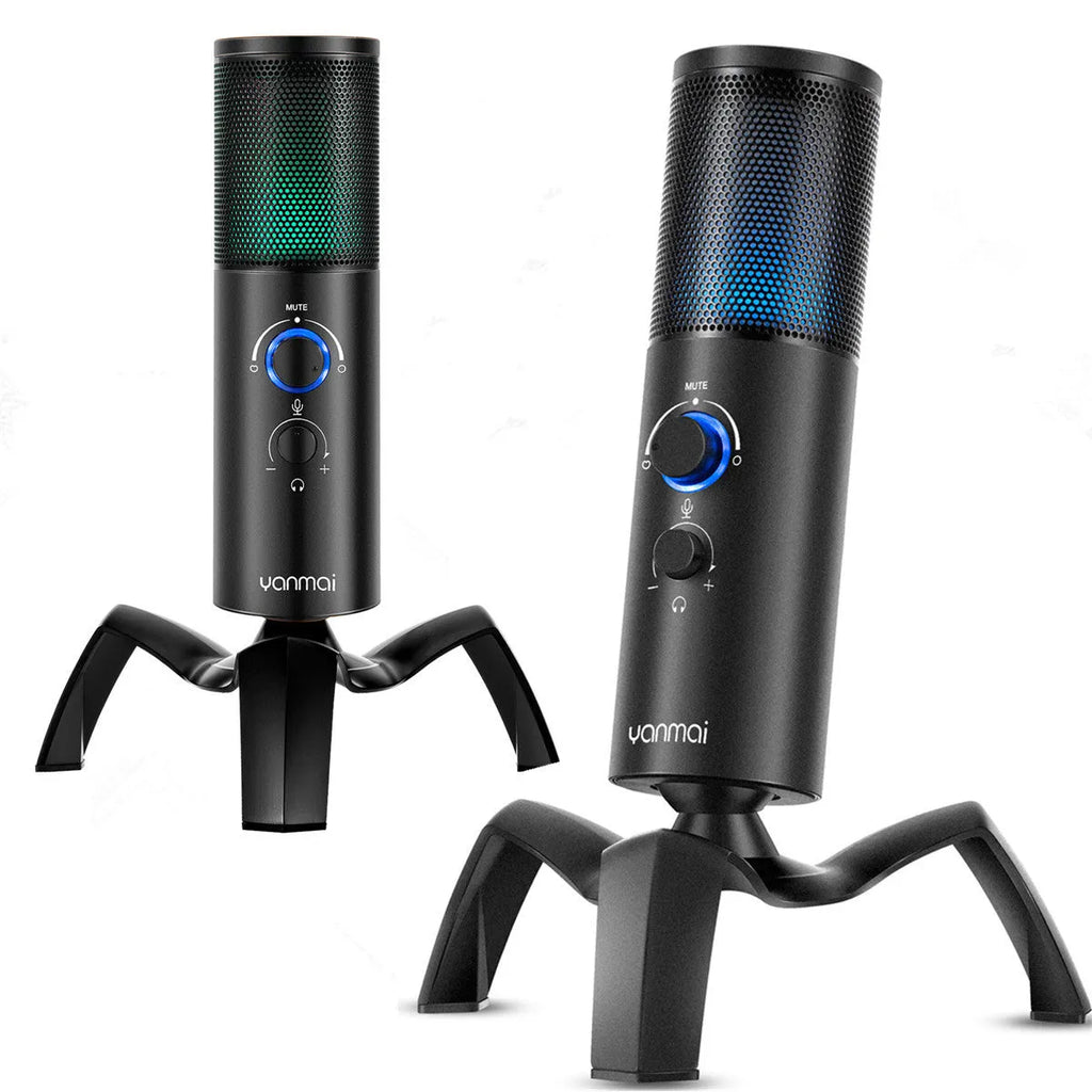 Black Q18 USB condenser microphone with RGB lighting on a metal tripod stand