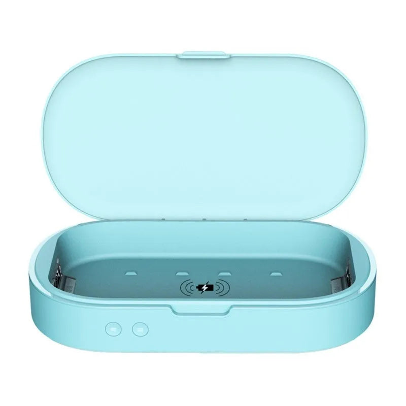White double UV phone sterilizer box with two UV lamps inside, USB cable included