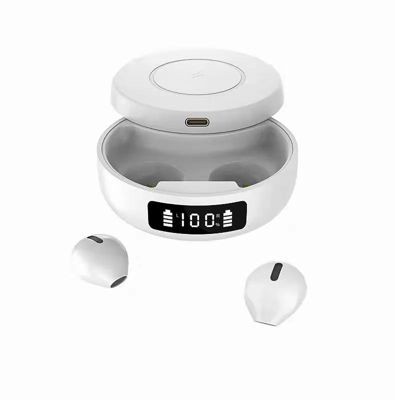 Mini semi-in-ear wireless headphones with wireless charging case in black, colour or white