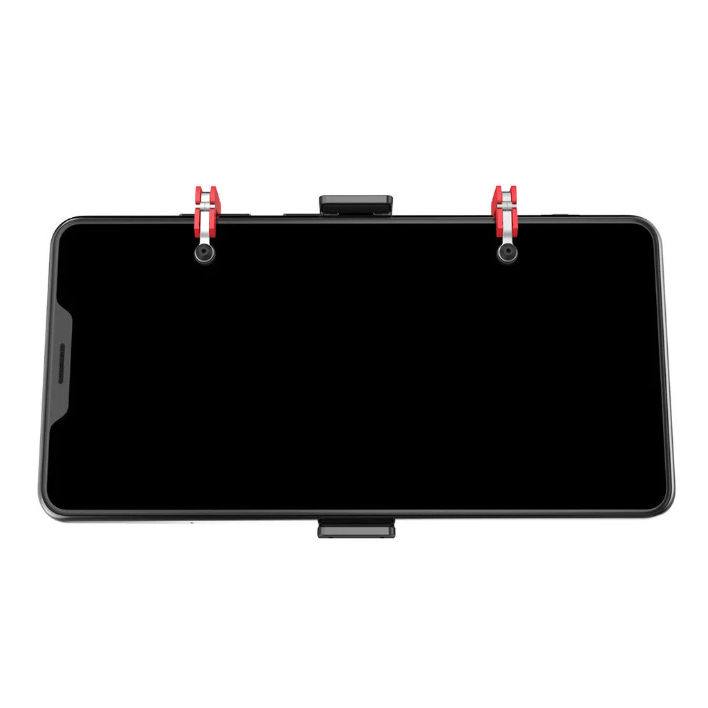 Black mobile phone gaming trigger bracket showing adjustable metal trigger and telescopic phone clamp.