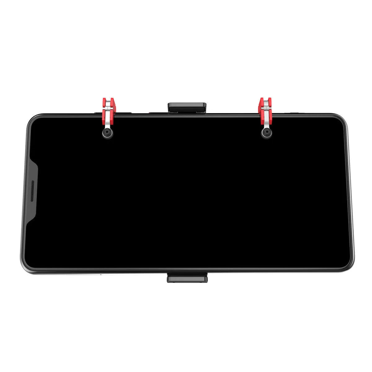 Black mobile phone gaming trigger bracket showing adjustable metal trigger and telescopic phone clamp.