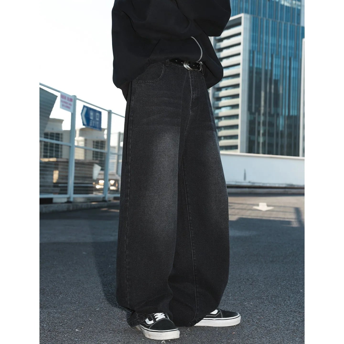 Men's vintage washed distressed straight loose jeans in black, mid waist button fly, cotton blend fabric